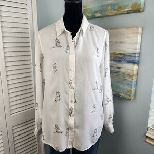 Jane + Delancey White Cat Print Button Top L Rayon Long Sleeve Lightweight